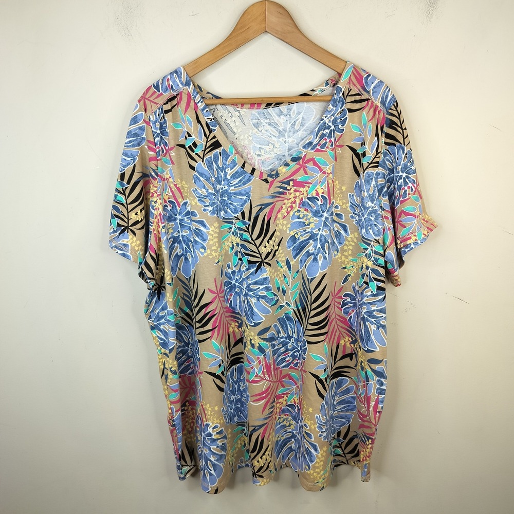 Woman Within Floral T-Shirt Top 2X Cotton Tropical V-Neck Short Sleeve